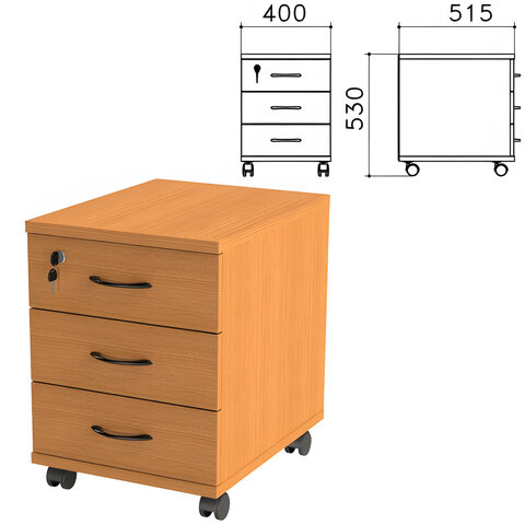 Тумба подкатная Фея, 400х515х530 мм, 3 ящика, замок, цвет орех милан