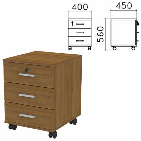 Тумба подкатная Канц, 400х450х560 мм, 3 ящика, замок, цвет орех пирамидальный